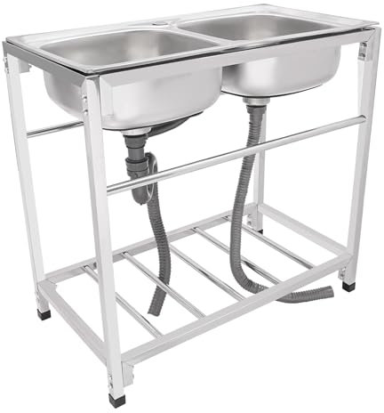 Évier commercial réglable en acier inoxydable Grand espace de rangement Double évier de cuisine autonome avec tuyaux d'écoulement Évier en acier inoxydable Double lavabo de camping Argenté 83 x 43,94
