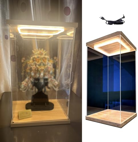 CMYUN Acryl Vitrine Hohe Acrylvitrine mit Beleuchtung – 10/15/20/25/30/35/40/50/60 cm Hoch Vitrine für Puppen Und Sammlerstücke Großer Aufbewahrungsschrank mit Tür(15x15x40cm/6x6x16in)