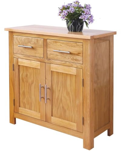 Aurotrice Solid Oak Small Sideboard 2-Door 2-Drawer Storage Cabinet Ideal for Living Room Rustic Charm Sturdy Wooden Storage Solution for UK Homes Natural