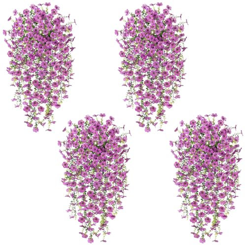 Kunstblumen Hängend 4 Stück Künstliche Hängepflanzen wie Echt 76cm Kunstblumen Outdoor Wetterfest Künstliche Blumen Pflanzen UV-Beständig für Draußen Garten Balkon Hochzeit Wohnzimmer Dekoration-Lila