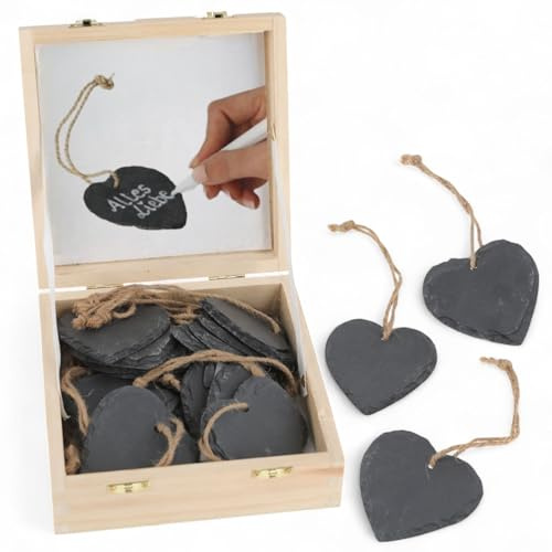 MIJOMA Schieferherzen 7x7cm – 18er Set Anhänger aus Naturschiefer mit Juteband in Holzbox – DIY Dekoration & Geschenkanhänger beschriftbar, rustikal & kreativ