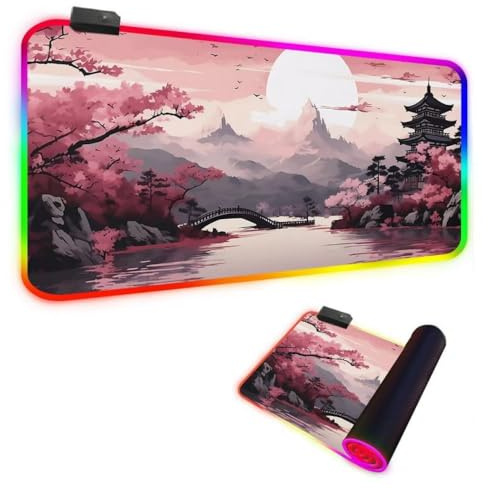 FANSU XXL Tapis de Souris Gaming RGB LED 14 Effets Éclairage Antidérapante Grand sous Main Bureau pour Clavier et Souris, USB- Mouse Pad pour PC Gamer, Mont Fuji (Rose Clair,900x400x4mm)