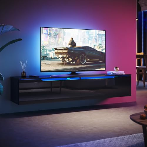 SUNXURY TV Board Hängend 160 x 35 x 30 cm, TV Schrank schwarz mit 16 RGB Litch Lowboard Hängend Schwarz Hochglanz Fernsehtisch mit Schranktür tv Tisch