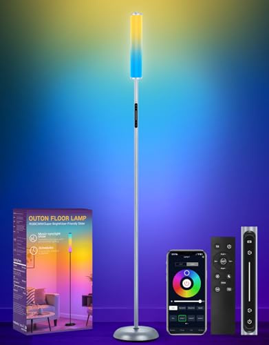 OUTON LED Stehlampe mit Fernbedienung & App-Steuerung, 16 Millionen Farben, 32 Szenenmodi & Musik-Synchronisation, 1500LM Stehleuchte, Moderne ecklampe für Wohnzimmer, Schlafzimmer, Gaming,Silber Grau