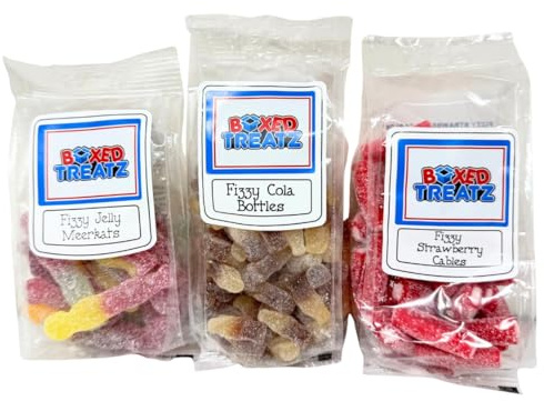 British Fizzy Sweet Gift Box – Strawberry Cables, Cola Bottles & Jelly Meerkats – 3 Pack Sour Candy Selection 500g – Party & Gift Treats