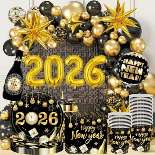 Silvester Tischdeko 2026,Silvester Deko 2026,Happy New Year Partygeschirr Set,mit Pappteller Becher Servietten Strohhalme ballons für 16 Gäste