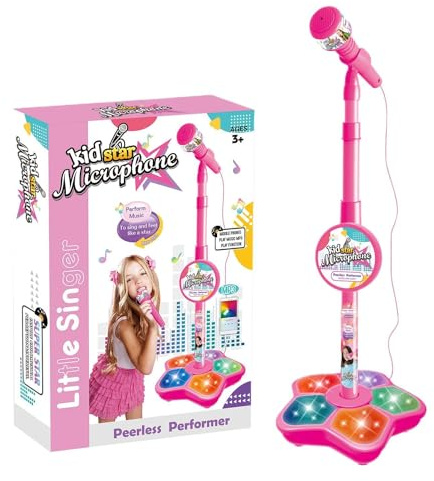 Kids Microphone and Stand, Portable Karaoke Machine Kids, Kids Microphone and Stand with Adjustable Height & Flashing Stage Lights, Portable Microphone Karaoke Playset for Girls Boys Birthday (Red)