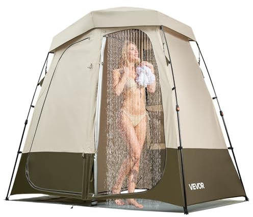 VEVOR Camping Shower Tent, 2-Room Foldable Privacy Tent Changing Room with Ground Stakes, Ropes, Carry Bag, and Crossbar, 150D Oxford Fabric with Silver Coating, for Camping, Beach, and Fishing