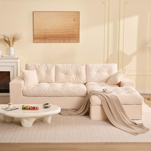 Litbird 3‑Sitzer Ecksofa Beige – Modulares Sofa mit Recamiere, Cordstoff Bezug, Schlafsofa & Relaxsofa, Wohnzimmer Sofa ohne Montage, 3‑Sitzer Sofa für geräumiges Wohnzimmer