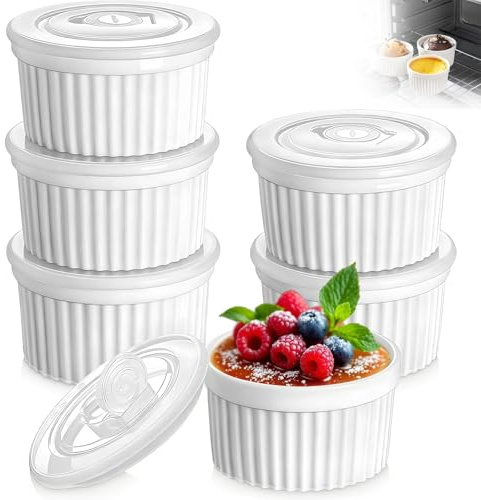6 Pcs Ramekins with Covers, 236ml / 8oz Souffle Dishes Set, Porcelain Creme Brulee Ramekins, Ice Cream Bowl, Baking Cups with Lids for Pudding, Fruits, Dips, Dishwasher & Oven & Air Fryer Safe (White)