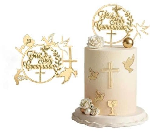 Wasise Topper per torta per la Prima Comunione, in acrilico dorato, decorazione per torta rimovibile per prima comunione, compleanno, battesimo, doccia, cresima, decorazione per feste, calice dorato