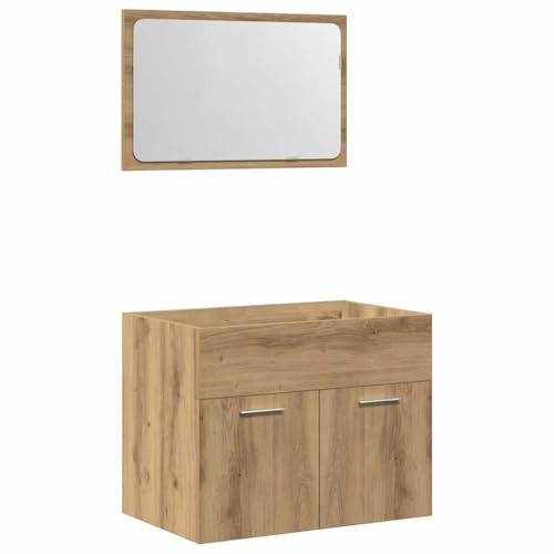 PUGYNBK 2-TLG. Badmöbel-Set Artisan-Eiche Holzwerkstoff mit Spiegel und Schrank, wandmontierbar, bietet reichlich Stauraum für Toilettenartikel, klare Glas-Spiegelfläche,