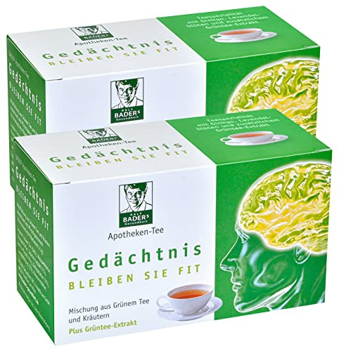 BADERs Apotheken-Tee Gedächtnis. Grüner Tee mit zusätzlichem Grüntee-Extrakt, Melisse und Ginkgo. Köstlicher Geschmack mit Pfirsicharoma. 2 x 20 Filterbeutel. PZN 001179490
