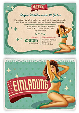 Einladungen zum Geburtstag (20 Stück) Pin Up Girl Retro Vintage 50er 70er Einladungskarten