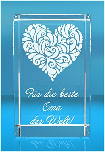 VIP-LASER 3D XL Glas Kristall mit verziertem Herz und Spruch Für die beste Oma der Welt! Gravur