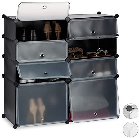 Relaxdays Schuhregal Kunststoff, Regalsystem 8 Fächer, Steckregal mit Türen, für 16 Paar, HBT 91 x 94,5 x 36,5cm, schwarz