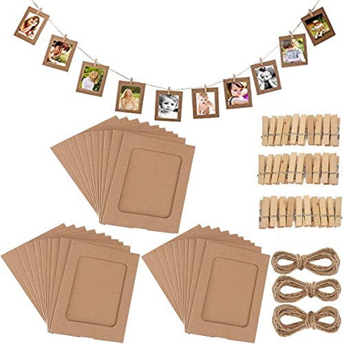Fashion HW 30 stücke Fotorahmen aus Pappe, zum Aufhängen, 10 x 15 cm,DIY Kraftpapier Bilderrahmen Hängende Wanddekoration mit 30 stücke Clips und 3 stücke Hanf Seile Set (Braun)
