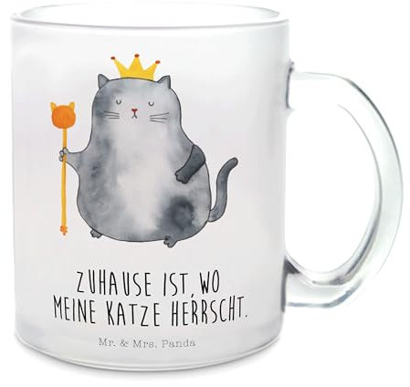 Mr. & Mrs. Panda Teetasse Katze König - Geschenk, Königin, Teeglas, Katzen, Tasse mit Henkel, Katzenmotive, Teetasse aus Glas, Kater, Queen, Glas
