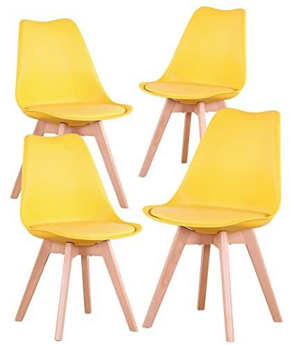 BenyLed Juego de 4 Sillas de Comedor Modernas con Asiento Tapizado y Patas de Madera de Haya Ideales para Comedor, Cocina, Sala de Estar, Dormitorio (Amarillo)