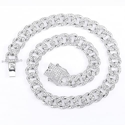 HCMA 13 mm Miami Cuban Chain Link Silberfarbene Halsketten 2-reihig voller Iced Out-Strass-Armband-Set für Männer Hip Hop-Ketten