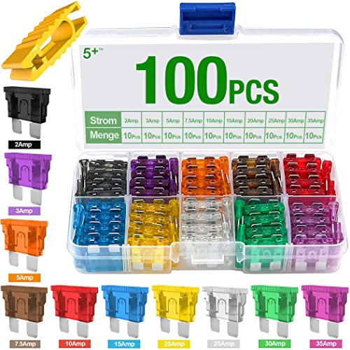 5Plus 100-Pack Standard Auto Blade Fuses – Assorted Car Fuse Kit (2A–35A) with Storage Box & Fuse Puller Tool – Automotive Replacement Fuses for 12V Vehicles