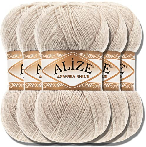 Hobby YARN Alize 5x 100g Angora Gold Türkische Premium Wolle Dünne Mohair aus Schurwolle Babywolle als Strickgarn Handstrickgarn Einfarbig Uni Yarn (Beige Melange | 152)