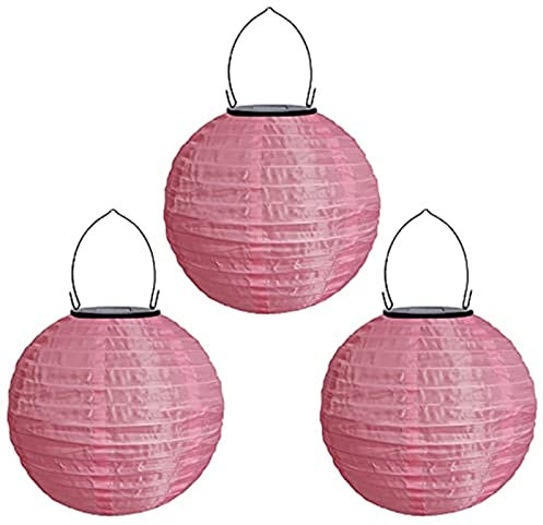 Yeehliny Solar Lampions Außen Wetterfest Solar LED Laterne Wasserdicht Nylon Garten Laterne Solarlaterne für außen Hängend Solarlampiongs Runder Lampenschirm Garten Deko Außendeko (20cm/3PCS/Rosa)