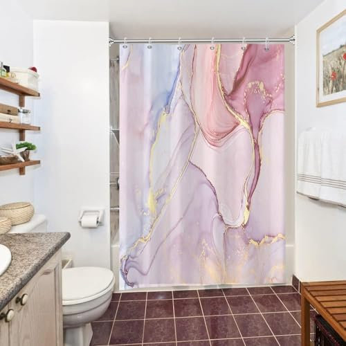Uiiooazy Rideau Douche Anti Moisissure, Rideau de Douche 150x180cm Rose Effet Marbre Lavande Violet Rideaux de Baignoire Tissu Lavable Imperméable Polyester Rideaux Salle de Bain avec 10 Crochets