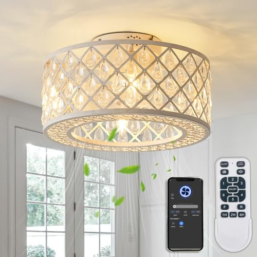 Oiotwo 18-Inch Crystal Fan Light, Lantern-Shaped Industrial Chandelier, with Remote Control, Suitable for Indoor Places Such as Room and Living Room, Including Bulb (White)
