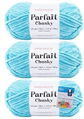 Premier Yarns Parfait Chunky Chenille Yarn 3.5 Oz 6 Super Bulky Weight 3 Pack Bundle with Bella's Stitch Place Holders (Seaside)