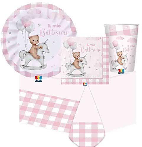 irpot kit n.16 per 32 persone battesimo teddy bear rosa bambina decorazioni piatti carta piatti dessert bicchieri tovaglioli pink party festa battezzo bimba pastello scacchi