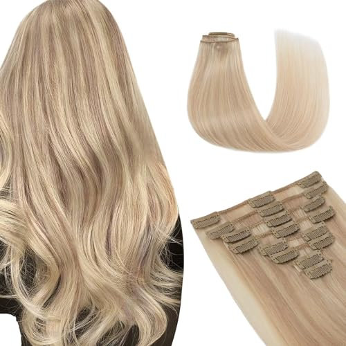 TESS Clip in Extensions Echthaar, 8pcs Clip in Haarverlängerung Remy Echt Haare Natürliche 18 Clips 8 Tressen Clip in Extensions Human Hair 50g 25 cm Hellblond/Goldblond Balayage