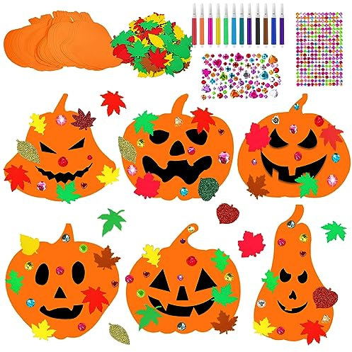 IWTBNOA DIY Kürbis Bastelset, 76 Stück Herbst Basteln Kinder, Halloween Basteln Kinder, Halloween Schaum Kürbis Aufkleber mit Ahornblatt Strasssteinen Stift, Halloween Thanksgiving Party Deko