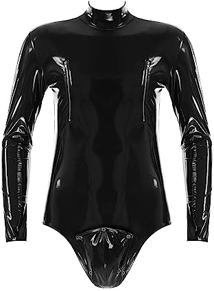 Freebily Herren Wetlook Body Latex Lack Bodysuit Overall Männer Party Clubwear Lederoptik Shirt Leotard Dessous Top Schwarz J 3XL