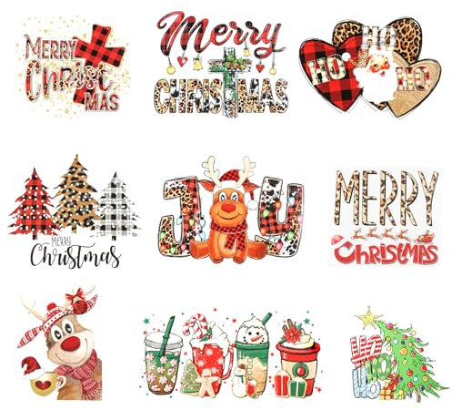 9pcs Christmas Iron on Patches - Large Merry Heat Transfer Stickers: Cute Christmas Tree, Elk, Santa Claus Pattern Decals for T Shirts, Hoodies, Bags