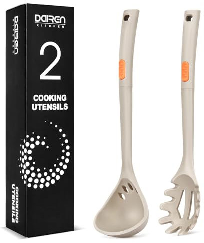 Set di forchetta e mestolo in silicone, grandi utensili da cucina antiaderenti per cucinare, mescolare, servire spaghetti, zuppe, salse (KHAKI)