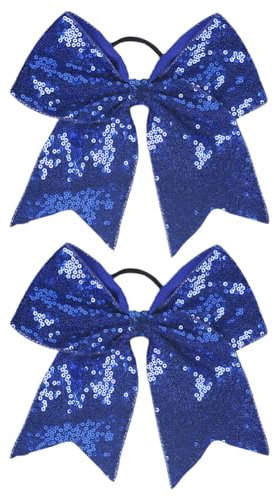 JIHUOO 2 Pcs Large Cheer Hair Bows Big Bow Ponytail Holder Glitter Sequin Hair Ties Bands Cheerleading Ribbon Bows Elastic Teens Sports Hair Ties Blue