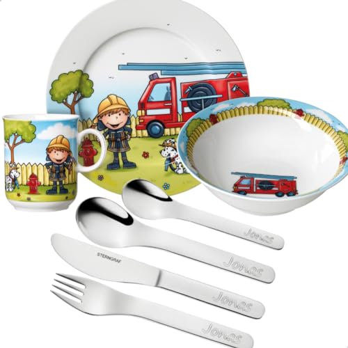 Sterngraf Kinderset Feuerwehrmann Bernie 7tlg mit Gravur (zB Namen) personalisiertes Kinderbesteck + Kindergeschirr Feuerwehr (Teller, Becher, Schale)