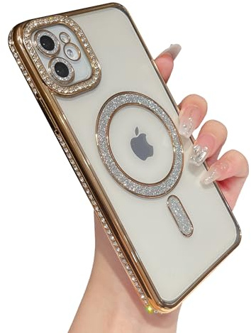 Caseative Bling Glitter Crystal Clear Magnetic iPhone Case, Compatible with MagSafe Wireless Charging (Gold, iPhone 11)