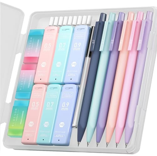 Four Candies 6 Porte Mines Pastel 0.5mm & 0.7&0.9mm, Criterium Dessin Crayons avec 360 Mines HB, 3 Gommes et 9 Recharges Gomme, pour le Dessin, les Croquis