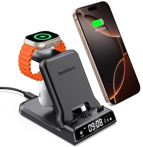 SwanScout Station de Charge Rapide pour iPhone 16/15 Series, 3 en 1 Chargeur 25W pour Apple Watch 10/9/8/7/6/5/4, pour iPhone 16/15 Plus Pro Max & Air pods 4/Pro 2, SwanScout 701AC (Port USB-C)