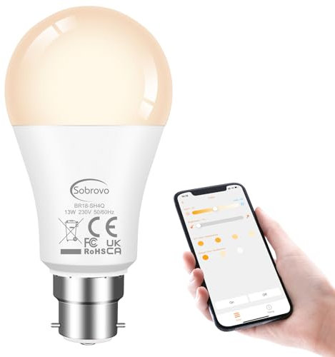 SOBROVO LED Light Bulb 13W Warm White-White 2700K-6000K 130W Equivalent B22 Smart Bluetooth Remote Control Light Bulbs - Compatible with Alexa,Energy Saving,Bayonet Fitting,Indoor Lighting 1Pack