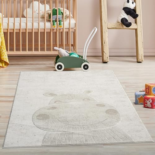 carpet city Kinderteppich Creme, Beige - 160x230 cm - Tier-Motiv Nilpferd - Kurzflor Teppiche Kinderzimmer, Spielzimmer