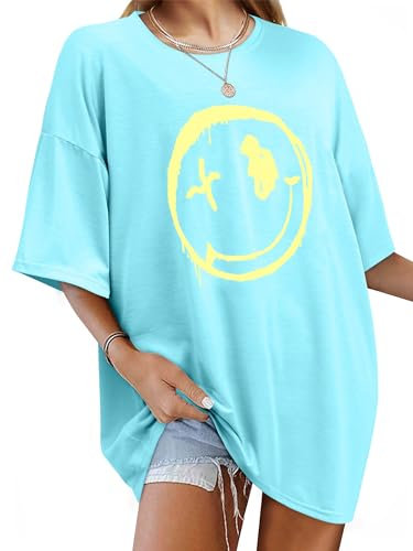 WIEIYM Women Oversized T Shirts Loose Crew Neck Short Sleeve Summer Tops Shirt Women's Casual Baggy Tops Blouse Graphic Tee Shirts S-XXL Sky Blue