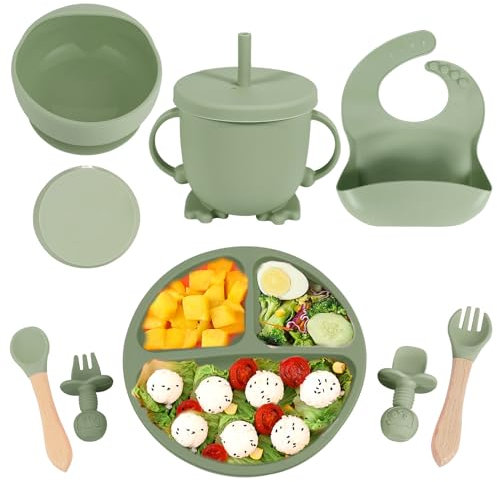 QINONEY 8 Stück Silikon Baby Geschirrset, Rutschfest Kindergeschirr Set, Kindergeschirr mit Saugnapf, Rutschfest Baby Schüssel,Baby-Teller, Baby-Besteckset für Kleinkinder, BPA Frei (Hellgrün)