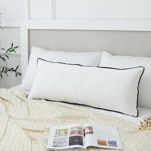 LIGICKY Long Lumbar Cushion Cover 14x36 inch White Velvet Black Rope Edging Throw Pillow Cover Decorative Rectangular Body Pillow Case Accent Textured Cushion Cover for Bed Couch