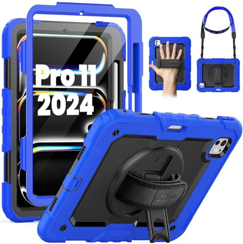 SEYMAC Coque pour iPad Pro 11 Pouces 2024 (M4), Antichoc avec Protecteur d'Écran, Support Rotatif 360°, Dragonne, Bandoulière Ajustable, Porte-Stylo, Bleu