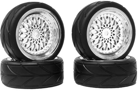 RC Auto Reifen und Räder Set,KINGCOO 4Stück 64mm Gummireifen Kunststoffbeschichtung Rad 12mm Hex für 1/10 RC On-Road Run-Flating Touring Racing Auto(Y-förmiges Silber)