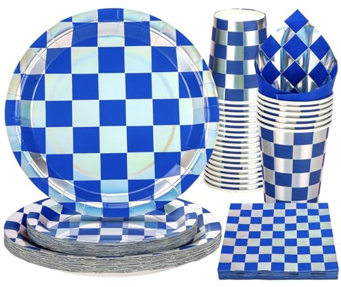 Party Go 96pcs Blue White Checkerboard Party Tableware Set Checkered Race Car Party Supplies with Paper Plates Cups Napkins for Racing Car Themed Birthday Baby Shower Party Decor
