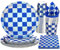 Party Go 96pcs Blue White Checkerboard Party Tableware Set Checkered Race Car Party Supplies with Paper Plates Cups Napkins for Racing Car Themed Birthday Baby Shower Party Decor